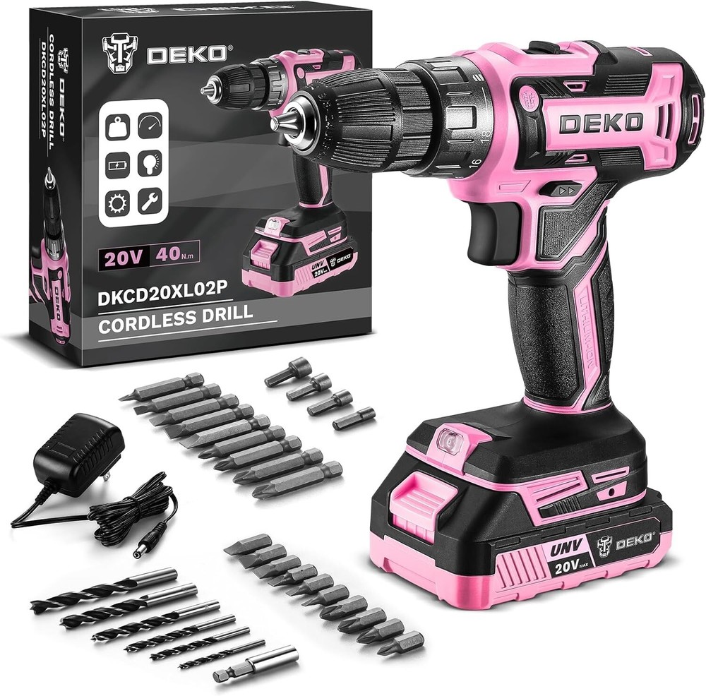Power Drill Cordless DEKO Pink Cordless Drill 20V Electric Power Drill 4 Women