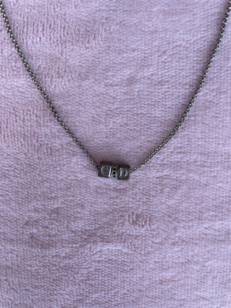 Silver plated Dior cube logo pendant necklace with Christian Dior charm
