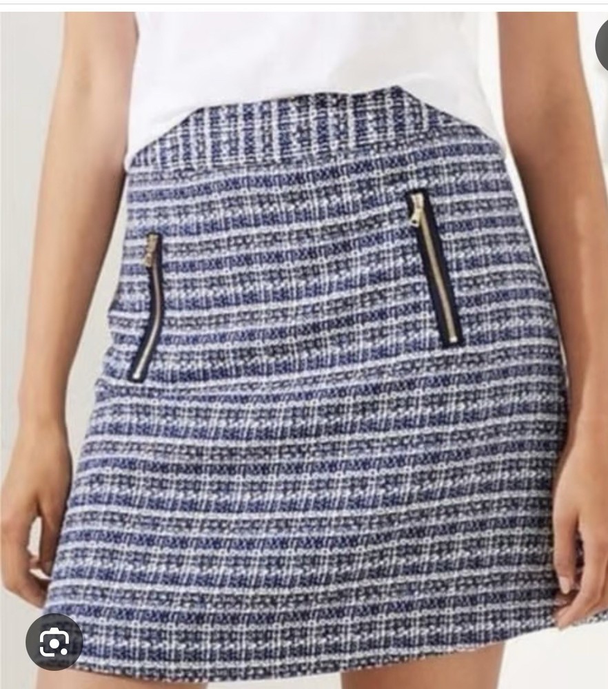 LOFT Blue White Tweed Mini Skirt Size 4 with Gold Zipper Pockets