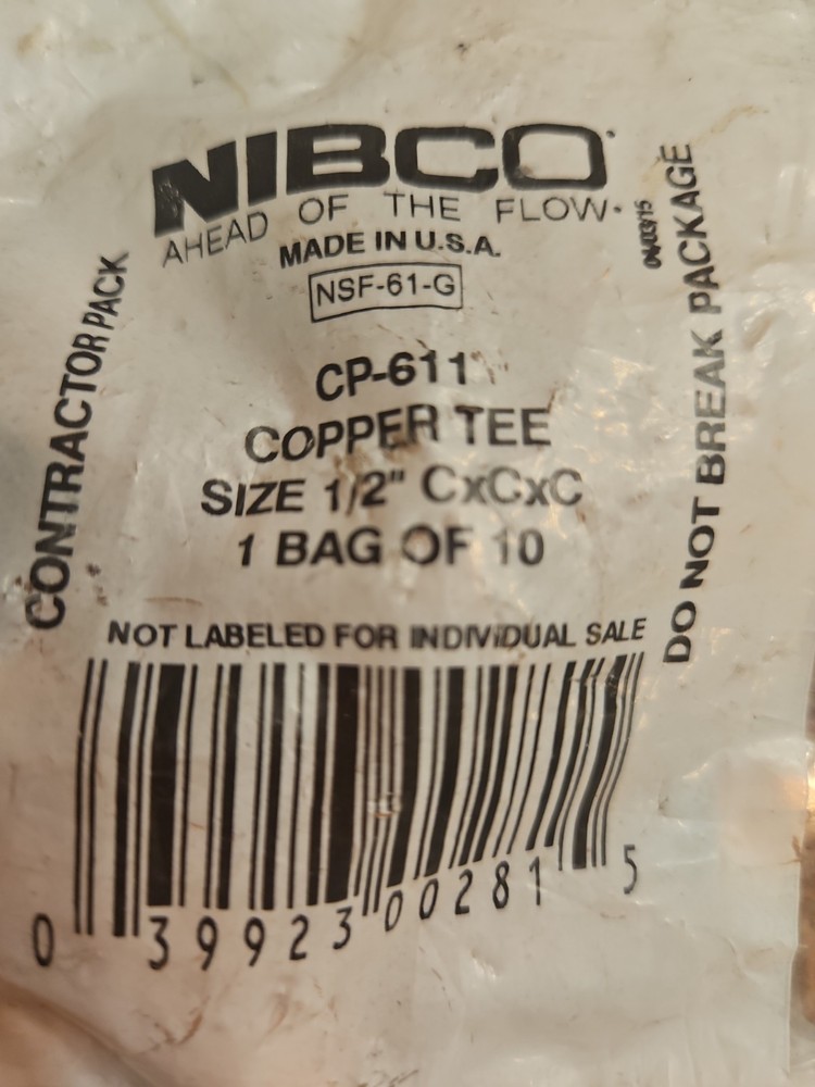 (10 Pk) Nibco Copper Tee CP-611 SIZE 1/2