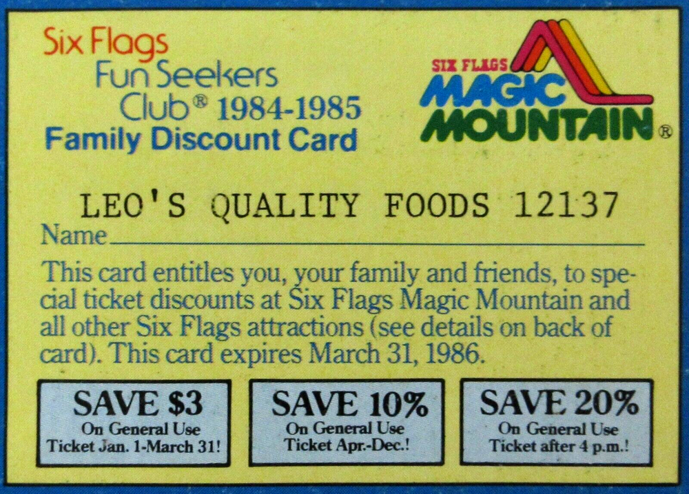 Vintage 1984 Magic Mountain Six Flags Fun Seekers Club Discount Ticket Coupon-image