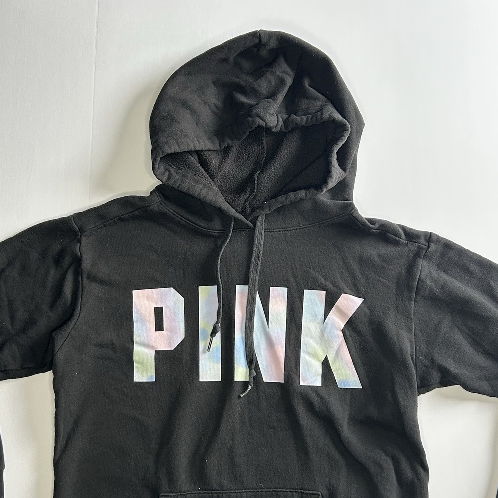 Victoria’s Secret PINK Black Tie Dye Logo Fleece Campus Hoodie Size M