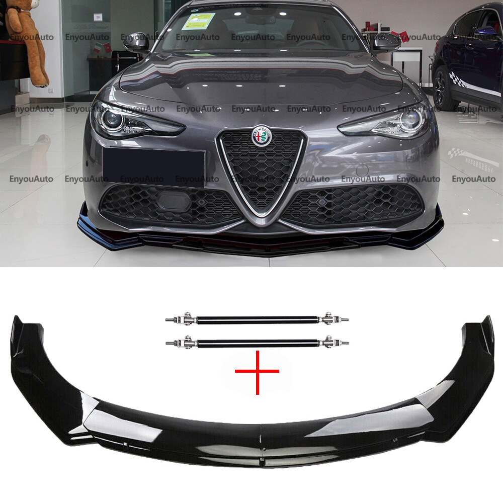 For Alfa Romeo Giulia Front Bumper Lip Spoiler + Strut Rods Glossy Black