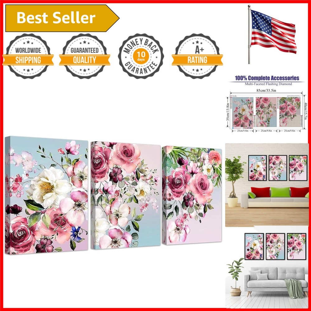 Crystal Rhinestone 3-Pack Flower Diamond Painting Set for Home Decor