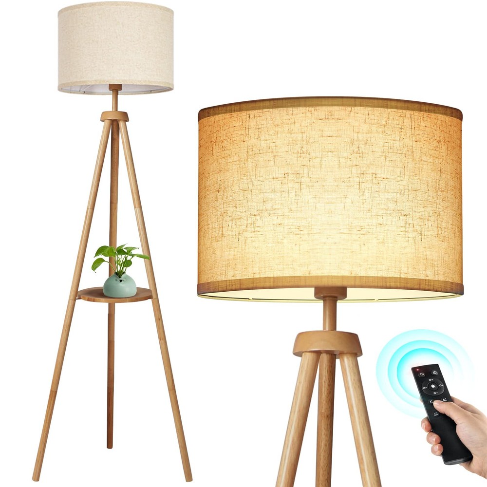 Wood Tripod Floor Lamp with Shelves, Mid Century Floor Lamp with Remote Contr...