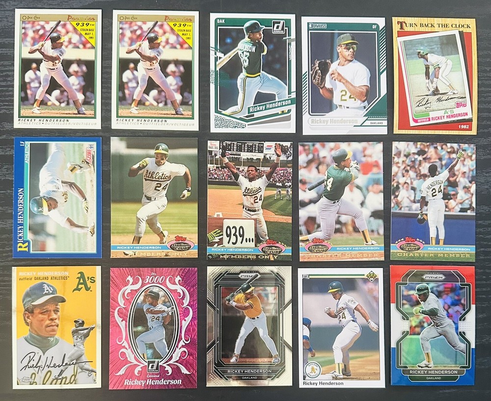 Rickey Henderson Collection 15 Cards: M/NM 1987-2023 Oakland Athletics HOF