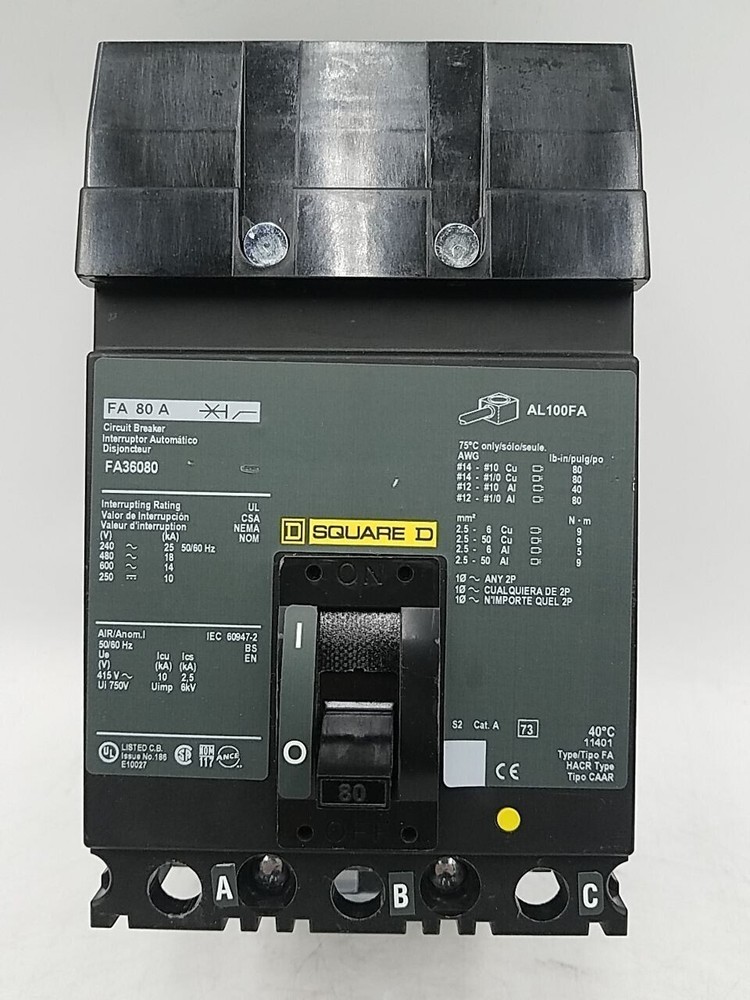 Square D FA36080 I-Line Circuit Breaker 80A 3P 600V 3PH FA 80 Amp 3 Pole Used