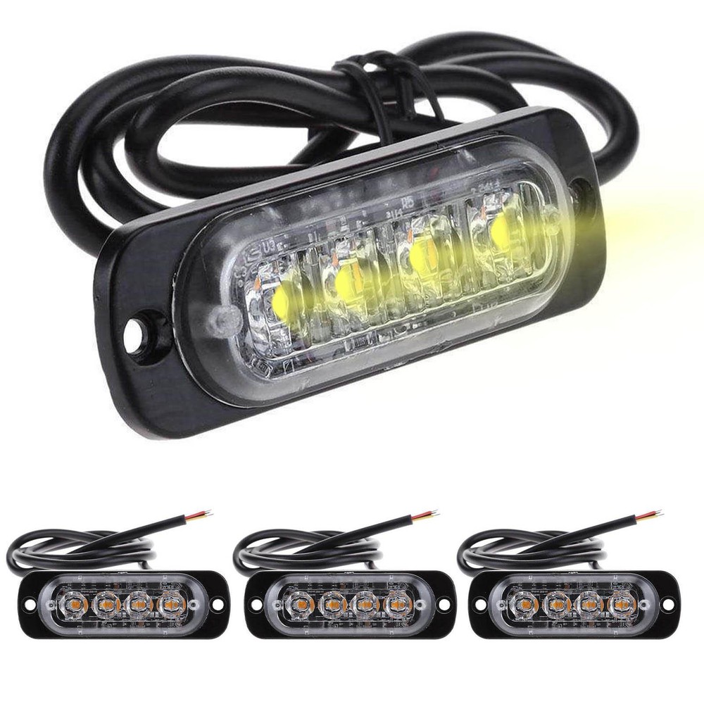4-LED Amber Strobe Lights 12V-24V Beacon Warning Hazard Flash Strobe Lights Bar