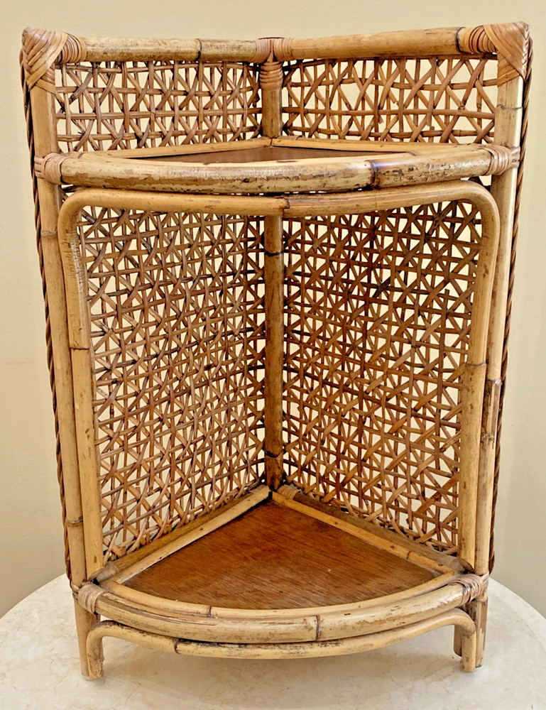 Vintage Boho Chic Wicker Rattan & Wood Wall 2-Tier Corner Shelf Plant Stand