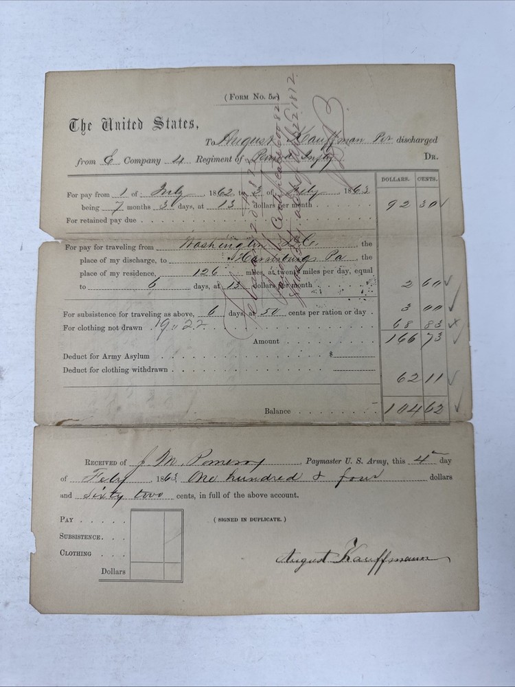 1863 Civil War Final Pay Voucher Form No. 5 E Company 4 of Pennsylvania Infantry-image