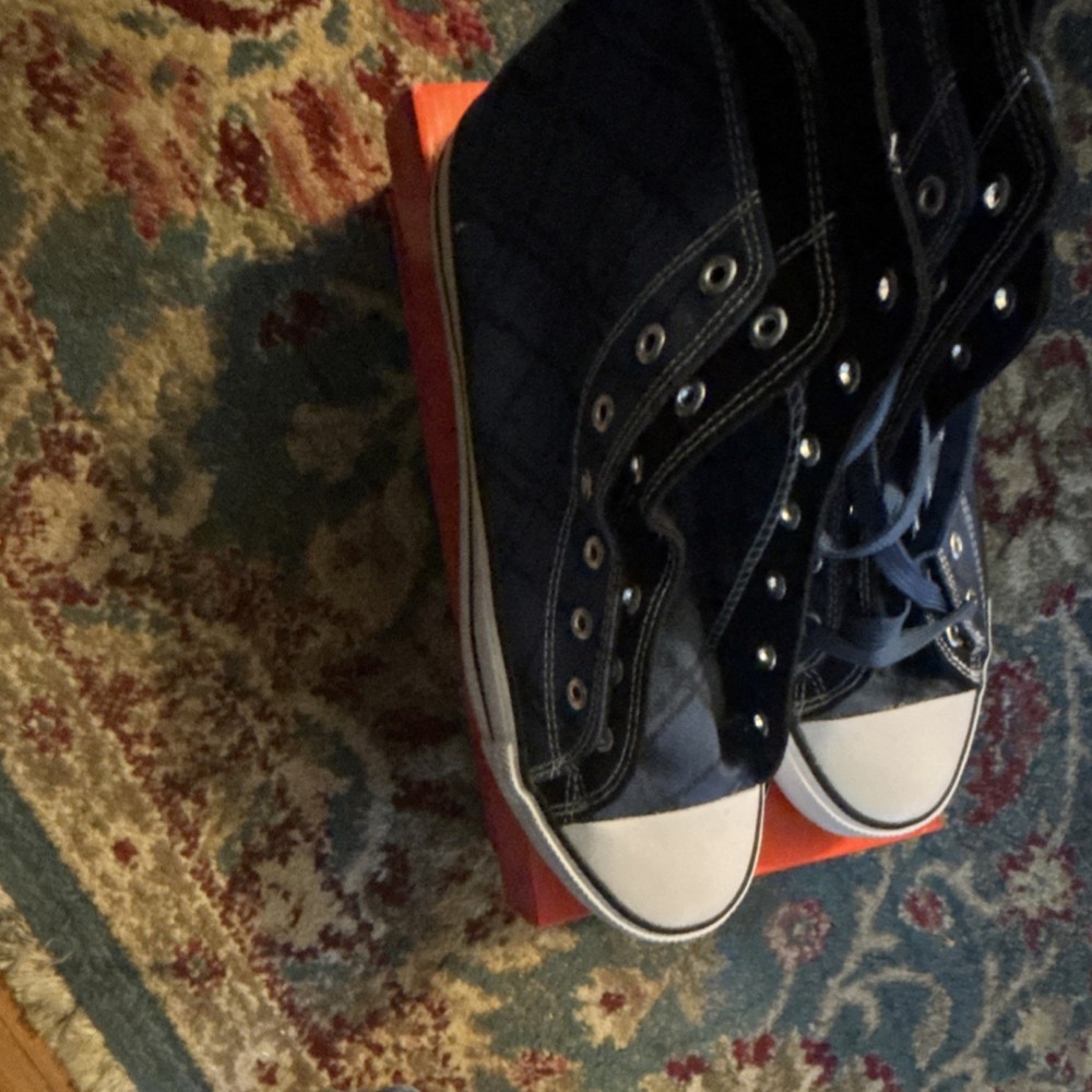 Navy High Top Canvas Lace Up woman's size 9 Athletic Sneakers White Toe Cap