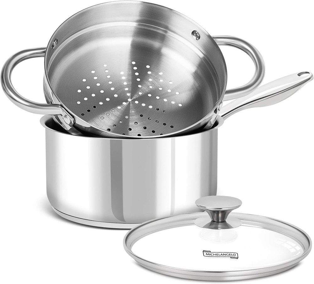 3 Quart Saucepan with Lid & Steamer, Stainless Steel Sauce Pan with Triply