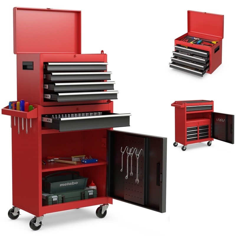 2-in-1 Red Rolling Tool Chest with 5 Drawers for Garage Workshop Mobility  