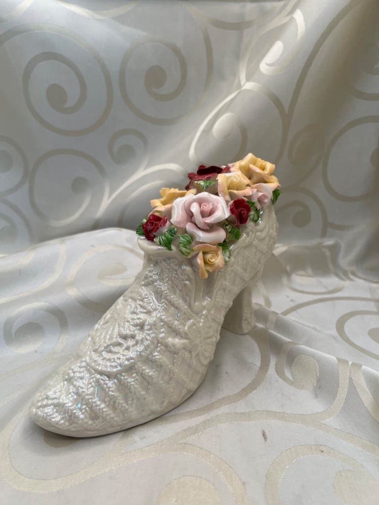 Vintage Porcelain Slipper shoe with flowers iridescent glaze