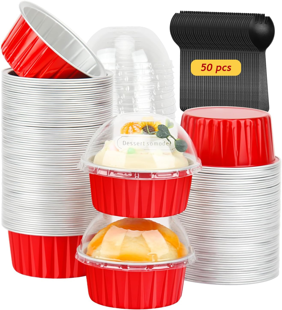 Red Cupcake Liners Muffin Tins 50 Pack, 5Oz Aluminum Foil Baking Cups with Lids,