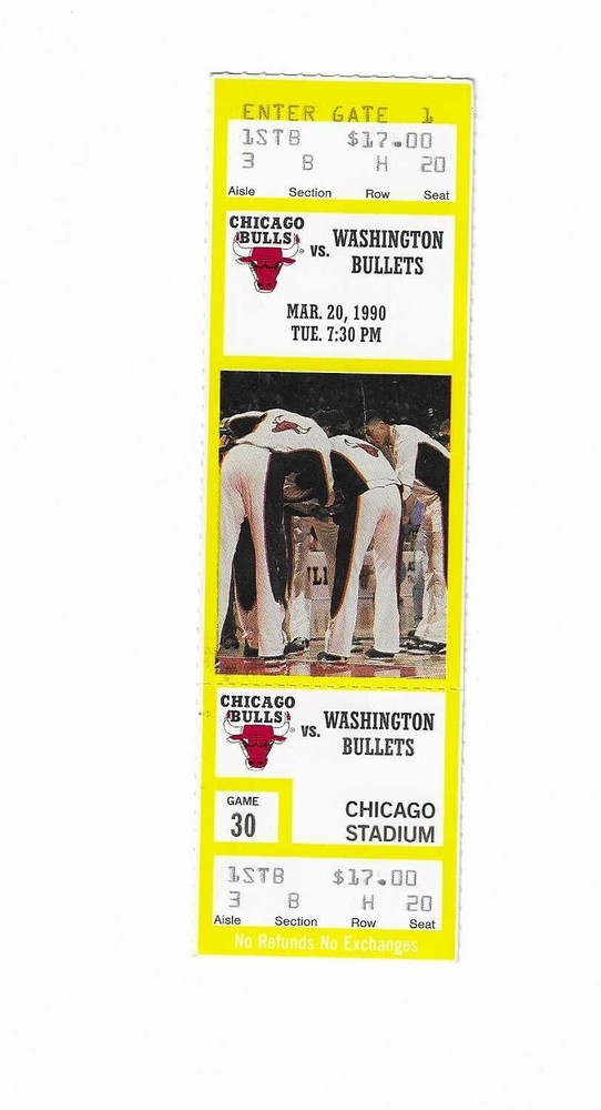 Chicago Bulls vs Washington Bullets Unused Basketball Ticket from 3/20/1990