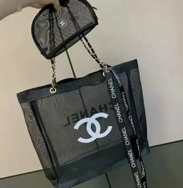 CHANEL VIP Beauty Mesh Tote Beach Pouch Black Gold Storage Case