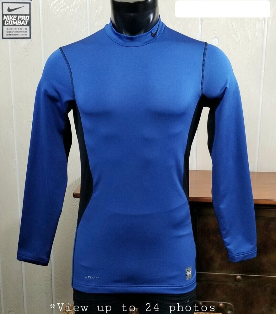 Nike Pro Combat Fitted L/Sleeve Dri-Fit Hyperwarm Blue Shirt Top Sz S