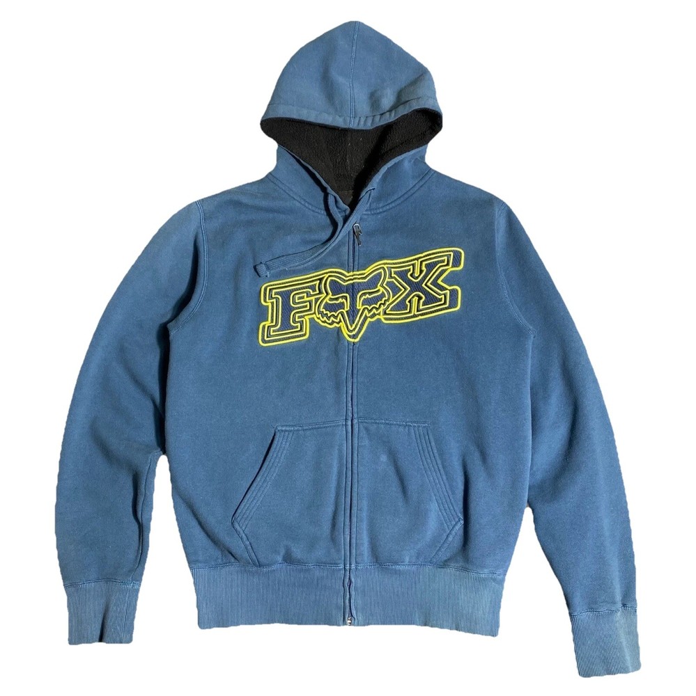 Fox Racing Jacket Mens Medium Blue Vintage Sherpa Fleece Full Zip Hoodie Y2K