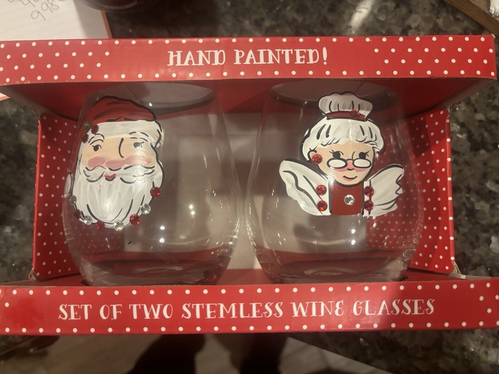 Hand-Painted Santa & Mrs. Claus Stemless Wine Glasses Set of 2 with Rhinestones