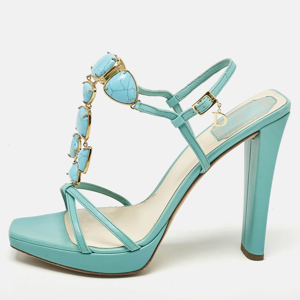 Dior Aqua Blue Leather T-Strap Sandals with Jeweled Detail Size 39