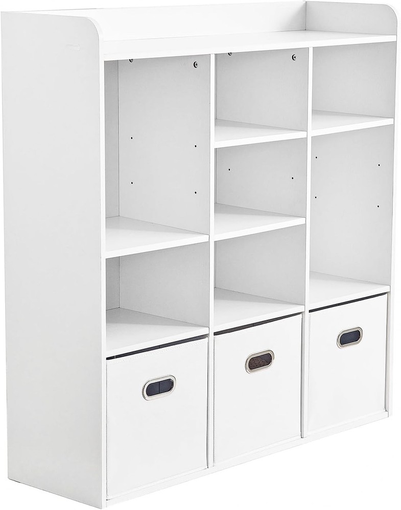 White 7 Cube Bookshelf with 3 Storage Bins Wooden 3-Tier Organizer