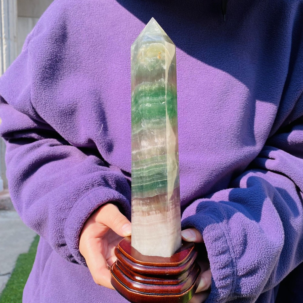Natural Green Rainbow Fluorite Crystal Tower Point 1031g with Stand
