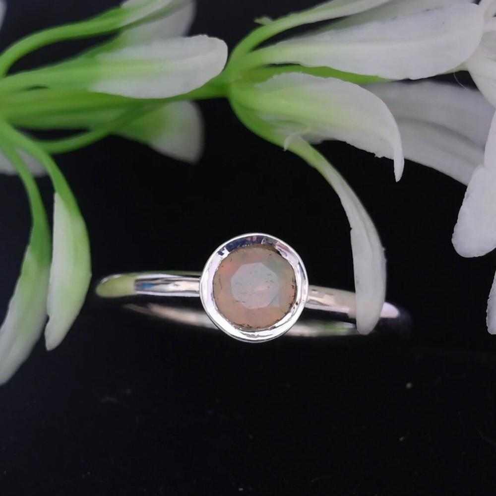 Round Cut Natural Opal 925 Sterling Silver Promise Ring Birthday Gift