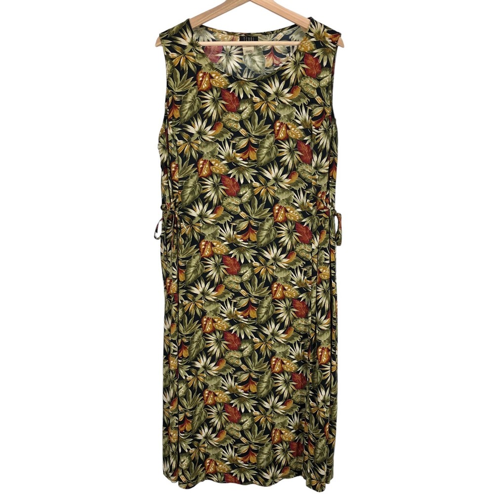 Vintage 90's Womens 20 W Midi Dress Floral Botanical Leaf Print Vacation Resort