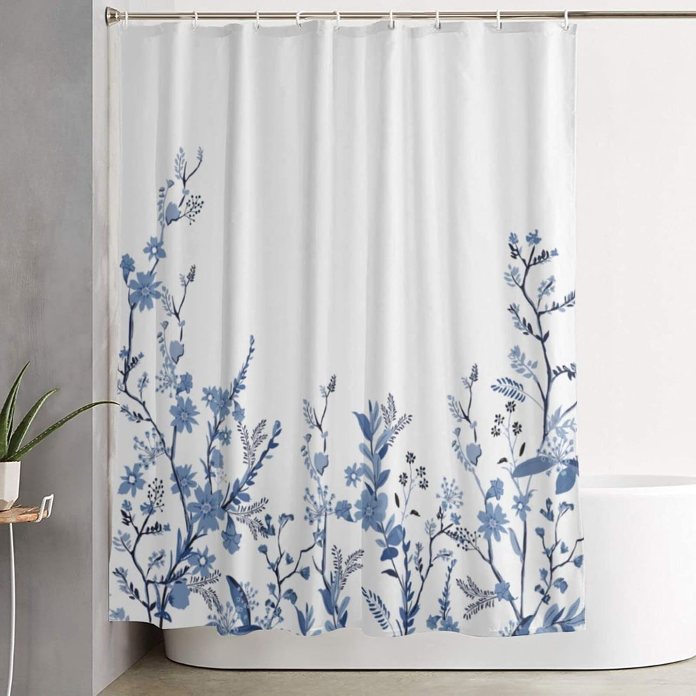 Extra Long 84 Inch Blue Fabric Shower Curtain for Bathroom
