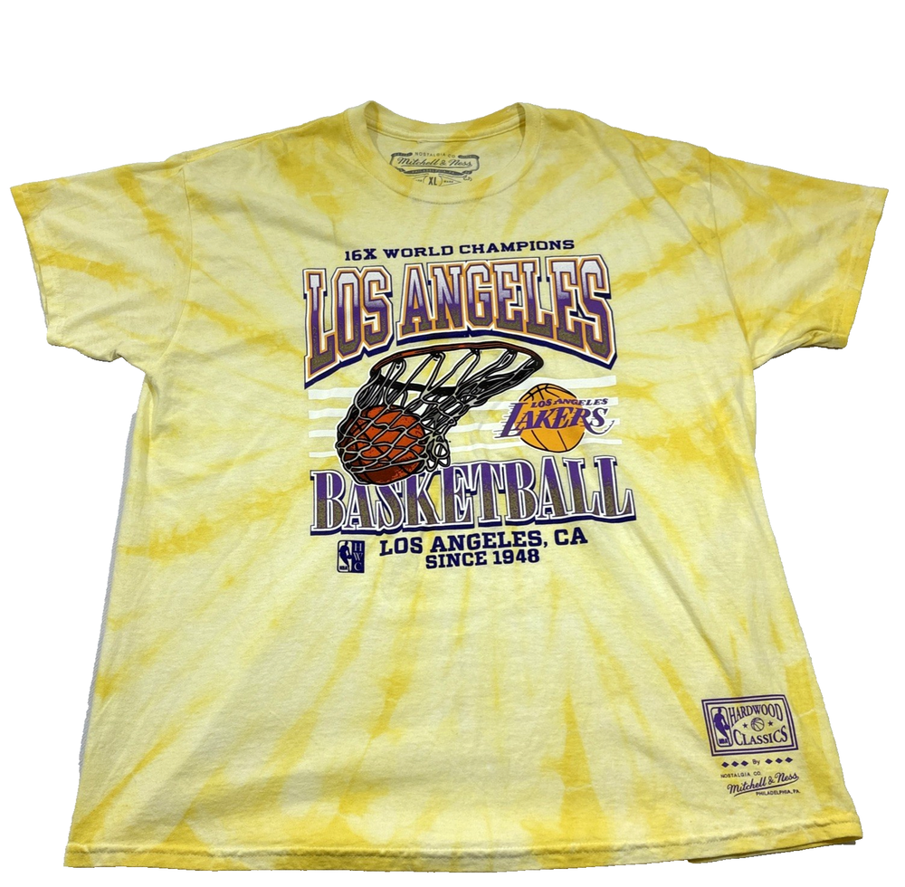 Los Angeles Lakers Shirt Mens XL Yellow NBA Basketball Mitchell Ness Tie Dye EUC