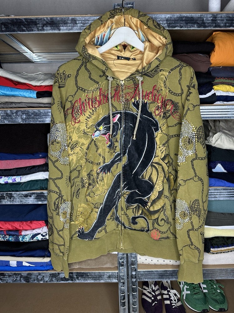 Vintage Christian Audigier Panther Skull Tattoo Zip Hoodie