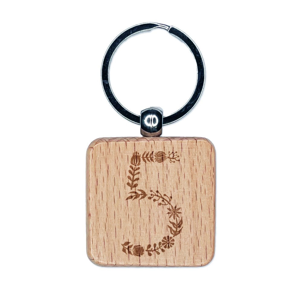 Elegant Floral Engraved Wood Keychain Tag with Number 5 Design