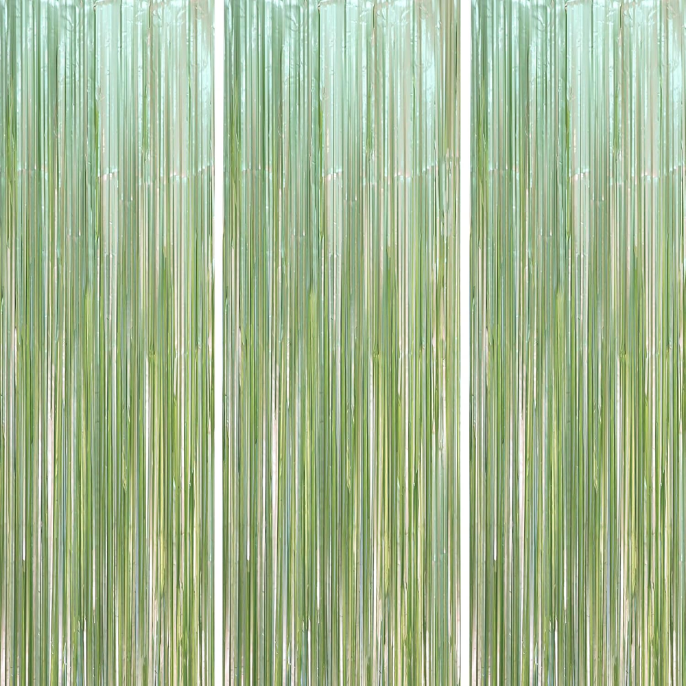 3 Pack 3.3 X 8.2 Ft Sage Green Foil Fringe Backdrop Curtains, Tinsel Streamers P