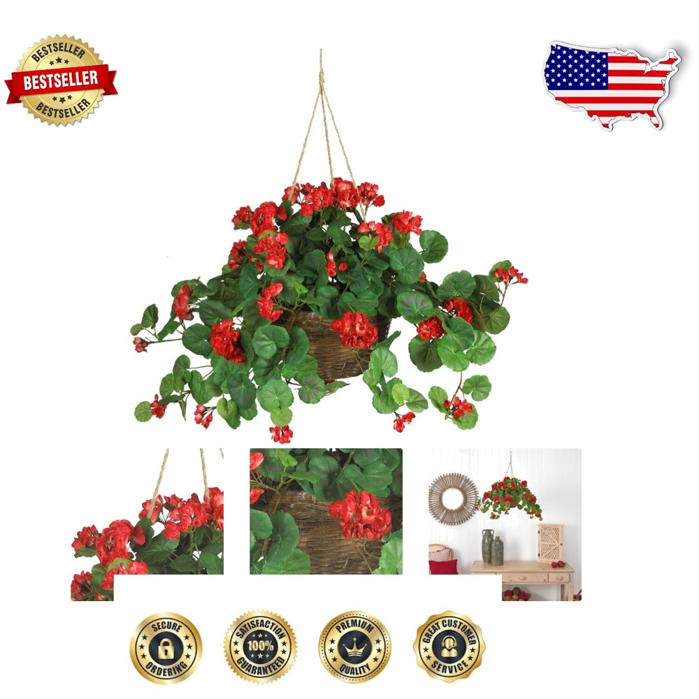 Stunning 24in Red Silk Geranium Hanging Basket in Wicker - Effortless Decoration