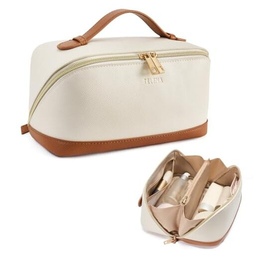 Large Capacity Travel Makeup Bag Portable PU Cosmetic Organizer Beige & Brown