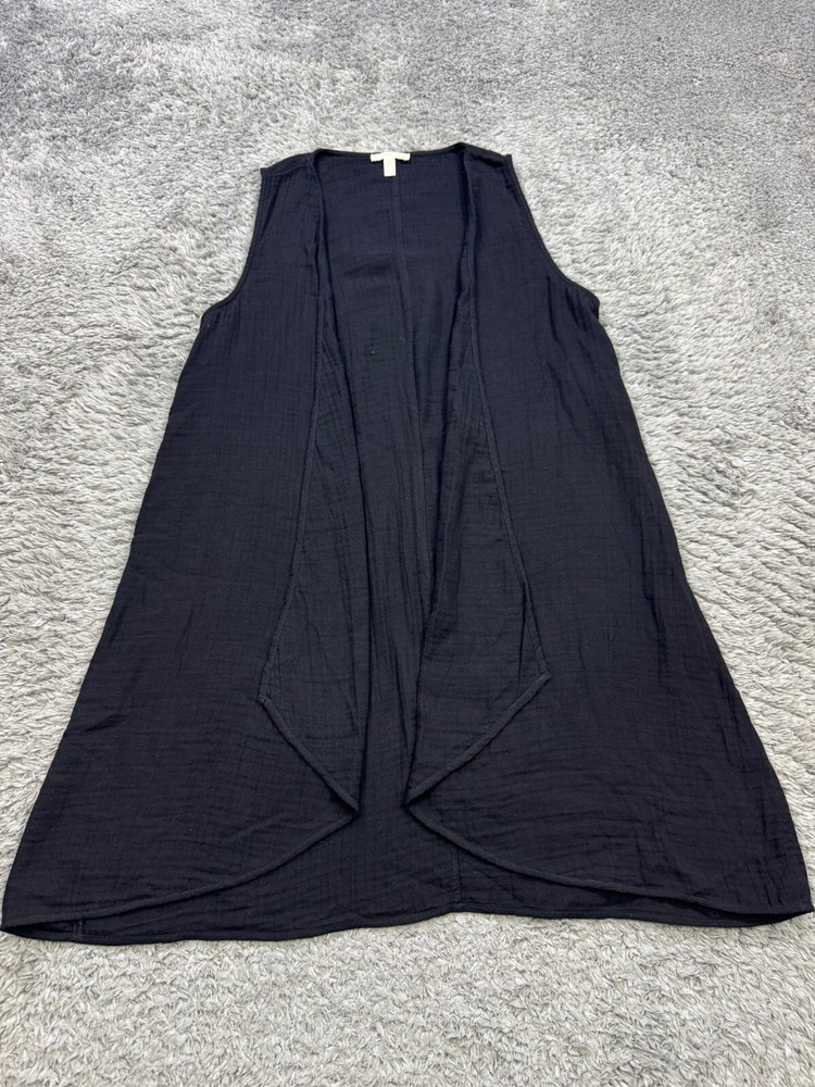 Eileen Fisher Sweater Women XS Black Organic Cotton Gauze Open Front Cardigan