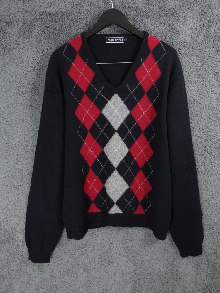 Woolovers Jumper Mens XL Blue Red Argyle Diamonds Golf 100% Wool Knit V Neck