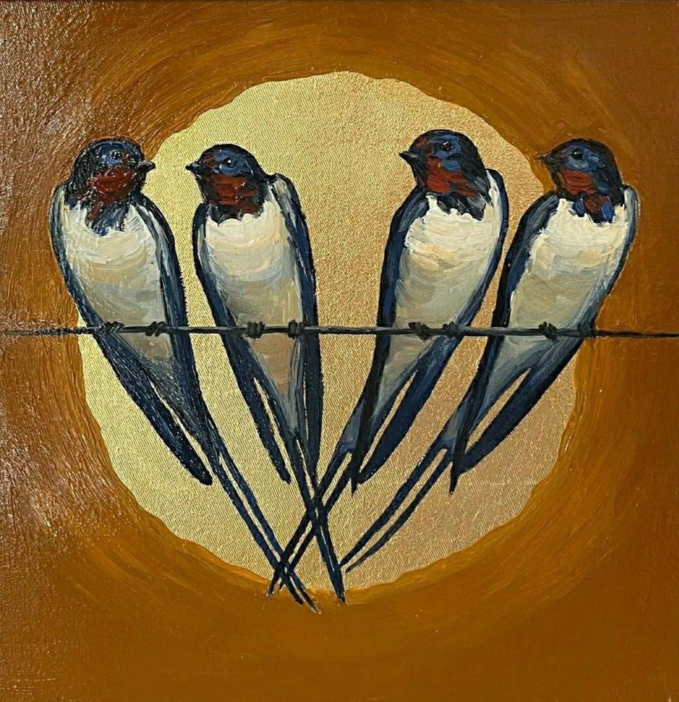 art 343 original painting 30x30 oil on canvas potal swallows birds modern