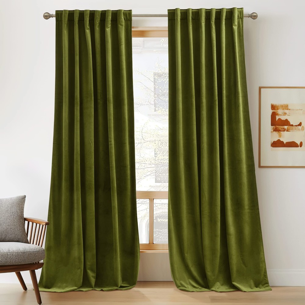 Dark Green Curtains 90 inches Long, Plush Velvet Curtains, Thermal Insulated ...