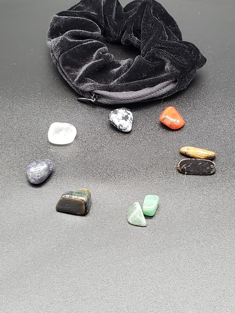 Black Velour Chakra Scrunchie with Zipper Pocket and 7 Healing Stones