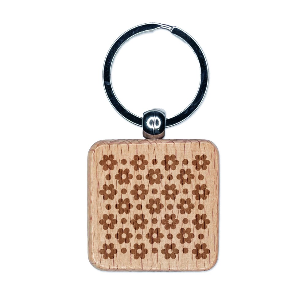 Flowers and Dots Engraved Wood Square Keychain Tag Charm
