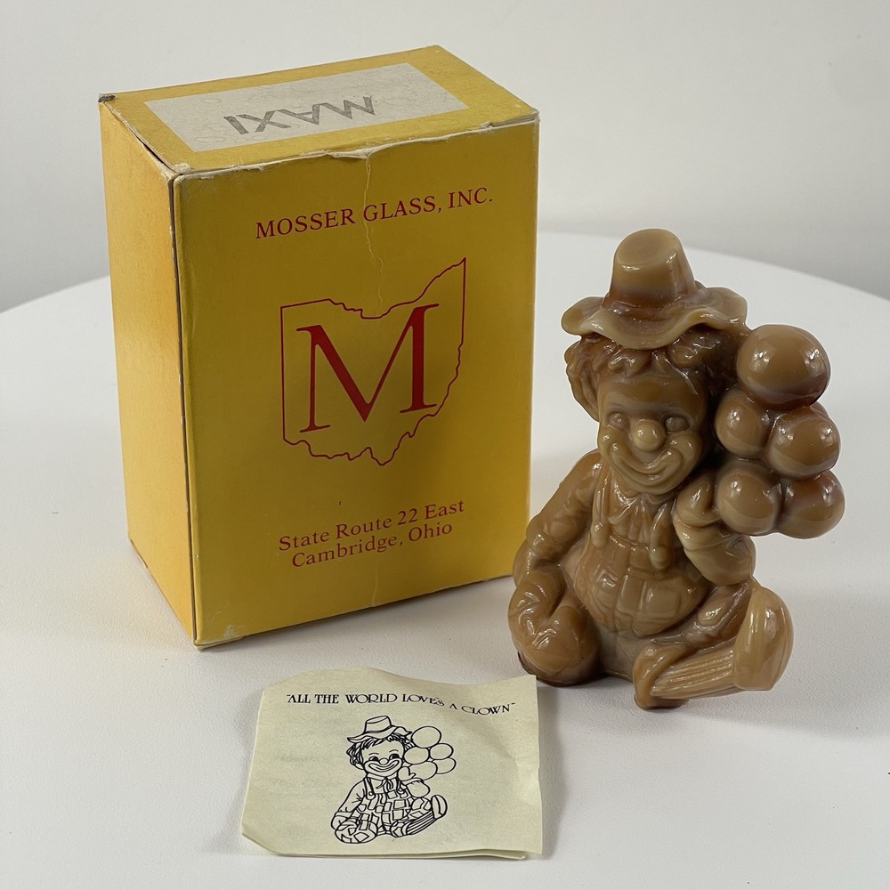 Vintage 1981 Mosser Maxi Balloon Clown Art Glass in Chocolate Brown Slag with Original Box
