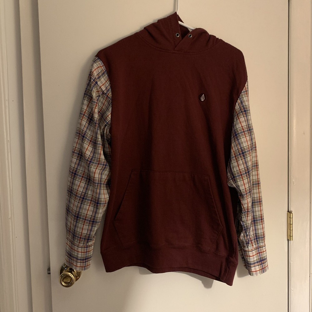 Volcom Sweatshirt Plaid Sleeves Men's Medium Burgundy Fleece Pullover Hoodie