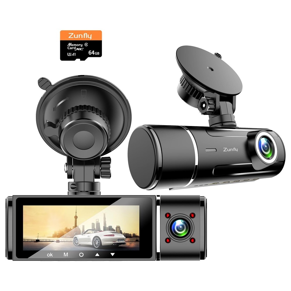 Dual Front and Inside Dash Cam with 64G SD Card FHD 1080P Car Camera