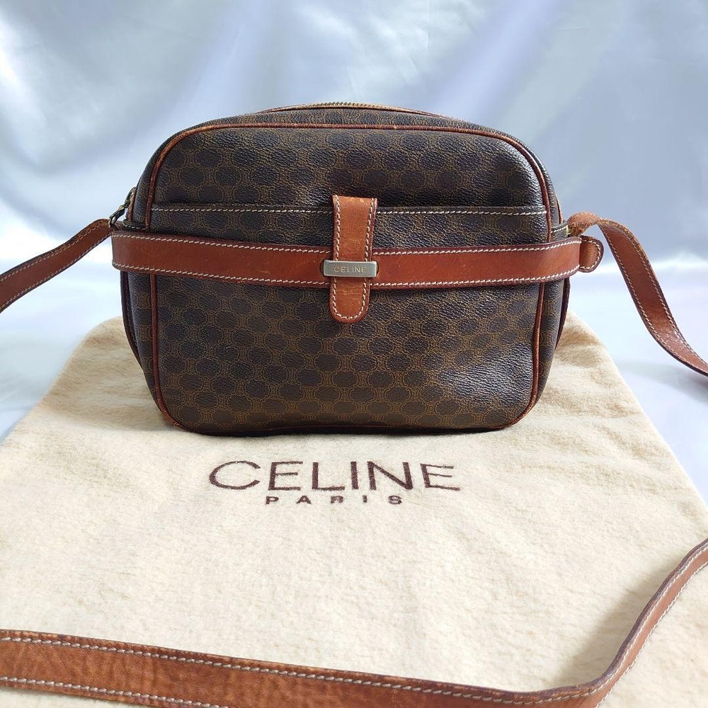 CELINE Vintage Brown Leather Macadam Shoulder Bag Authentic