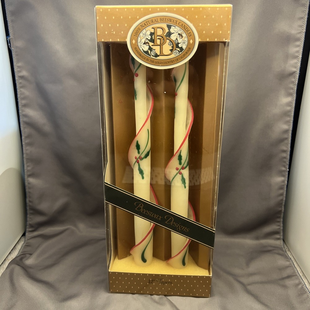 Vintage Beeswax Spiral Taper Candles 12 Inch Christmas Holly Red Green Handmade