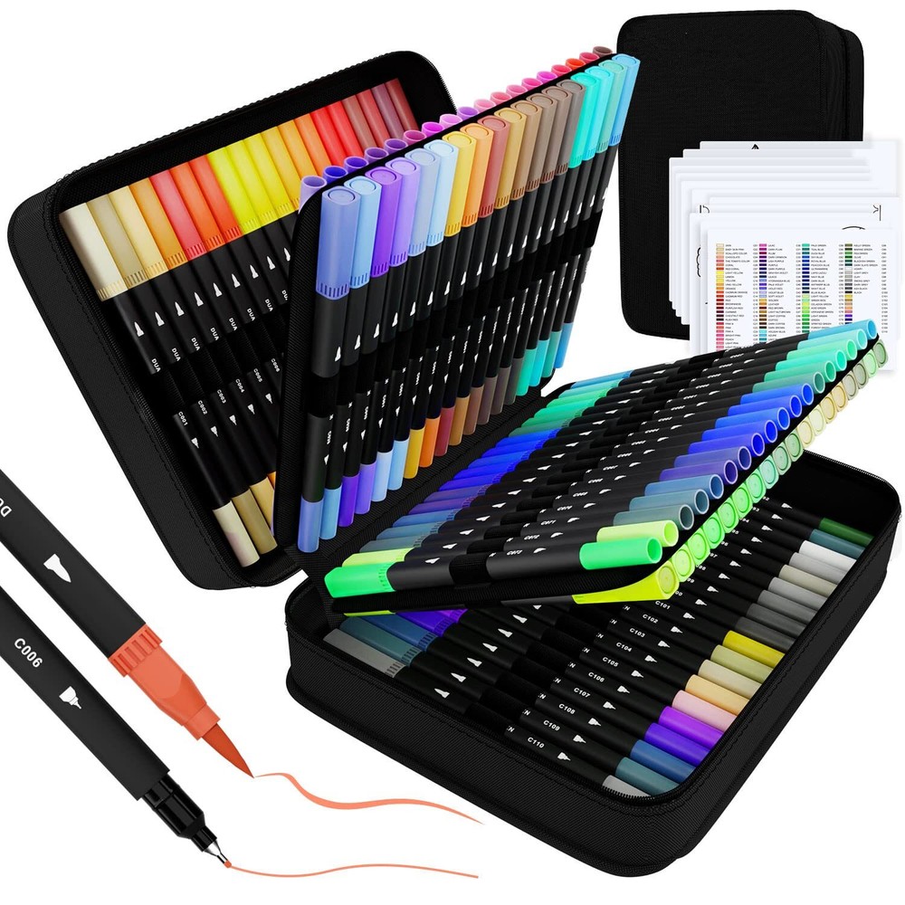 Sunacme Art Supplier Dual Brush Markers Pens, 110 Artist Coloring Marker Set,...
