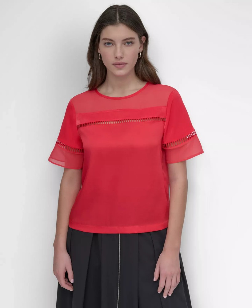 DKNY Women's Top Sz XS Crewneck Ladder-Lace-Inset Short-Sleeve