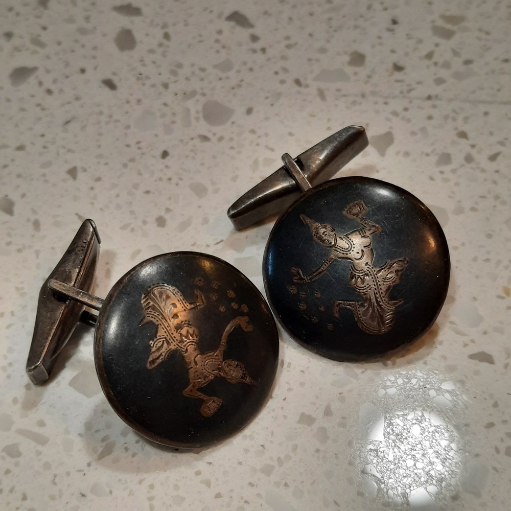 Antique Siam Sterling Silver Niello Cufflinks Goddess of Lightning 1920s